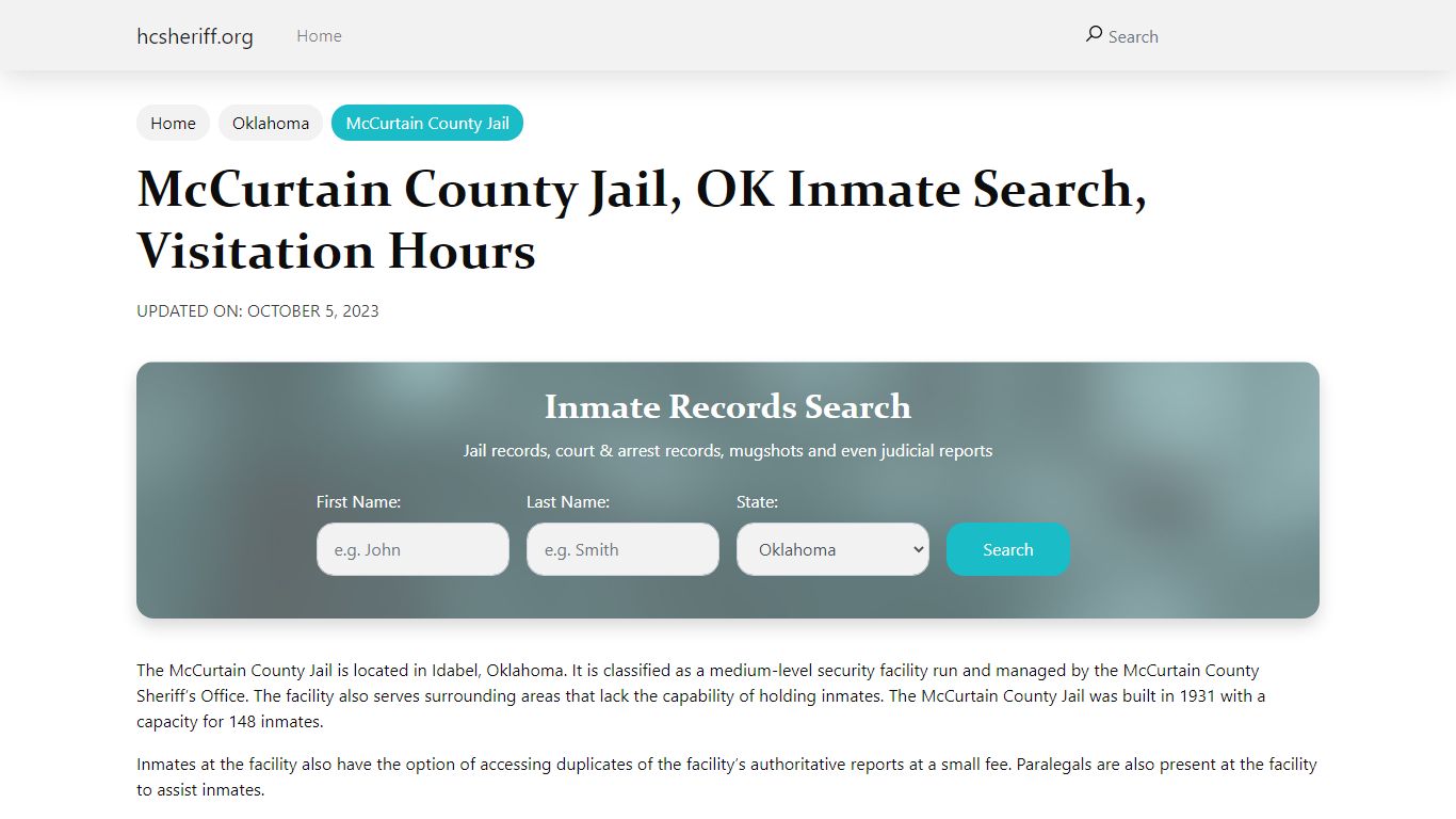 McCurtain County Jail, OK Inmate Search, Visitation Hours
